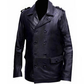 Manteau croisé en cuir de mouton noir pour homme